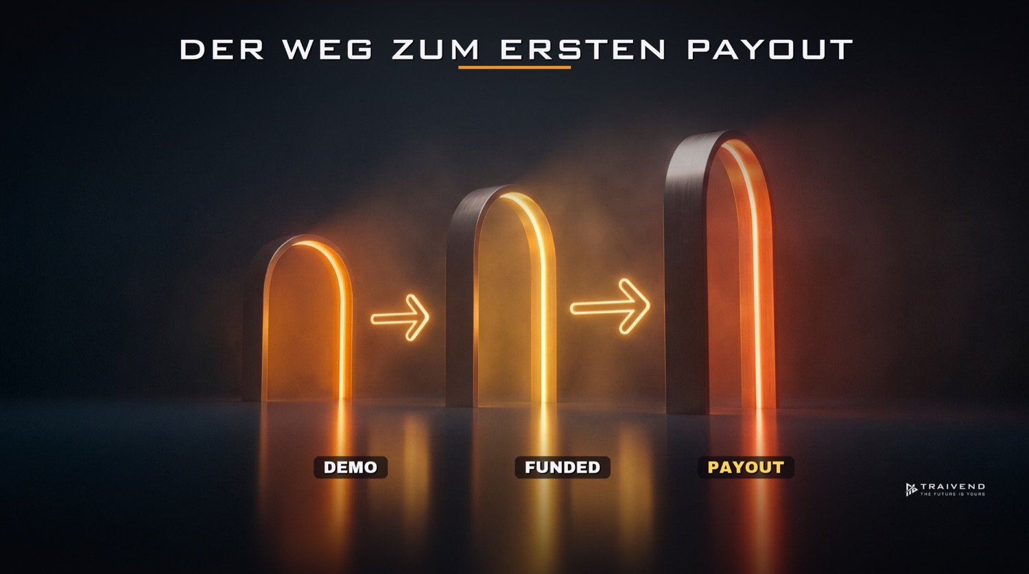Grafik: Der Weg zum ersten Payout in drei Stufen, von Demo über Funded bis zur Auszahlung im Fremdkapital-Trading